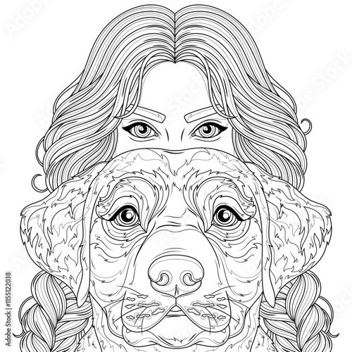 A girl and a labrador dog.Coloring book antistress for children and adults.