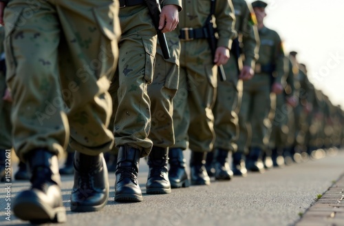 closeup on synchronized marching legs of soldiers in line at parade ground. discipline, military training, national defense service, war concept photo