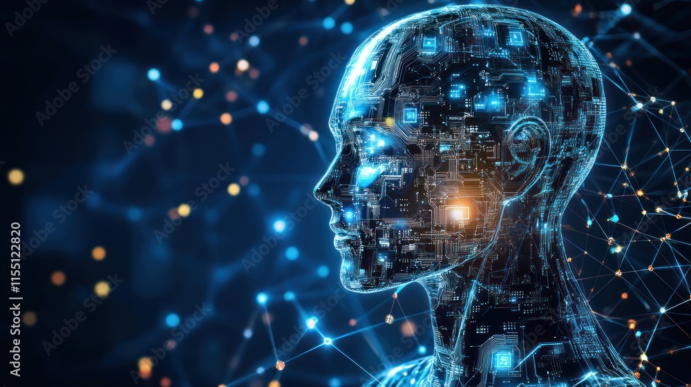 Artificial Intelligence dark blue background with digital and futuristic elements, surrounded by binary code stars representing data connections and technology Artificial Intelligence dark blue background with digital and futuristic elements, surrounded by binary code stars representing data connections and technology