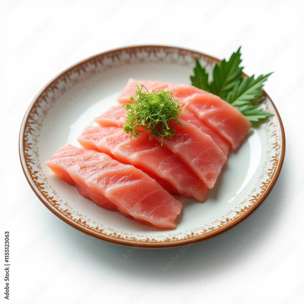 Slices of raw fish arranged on a plate, garnished with greenery. Slices of raw fish arranged on a plate, garnished with greenery.