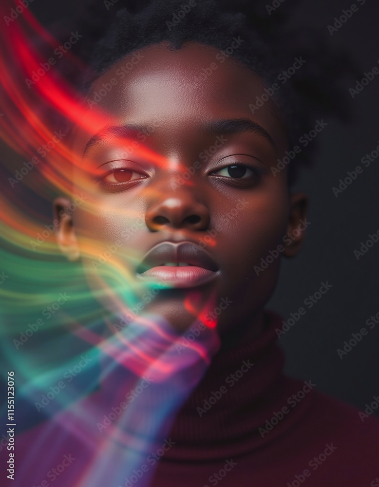 A woman's face is blurred in a rainbow of colors. The image is a creative and artistic representation of the woman's features, with the colors representing different aspects of her personality A woman's face is blurred in a rainbow of colors. The image is a creative and artistic representation of the woman's features, with the colors representing different aspects of her personality
