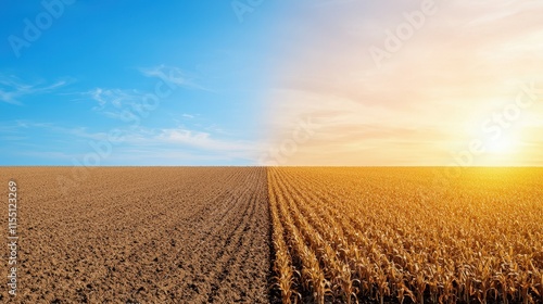 As you sow, So You reap Concept, Transformation of Barren Field into Vibrant Agricultural Landscape Under Blue Sky and Sunlight