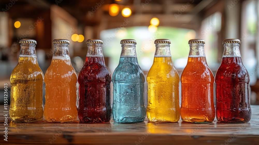 Eight vibrant bottles of soda bring a lively spirit to the gathering Eight vibrant bottles of soda bring a lively spirit to the gathering