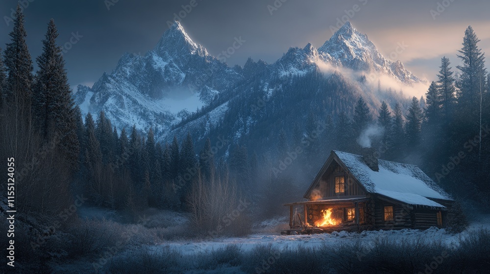 Fototapeta premium Cozy Cabin Firelight Winter Mountain Landscape