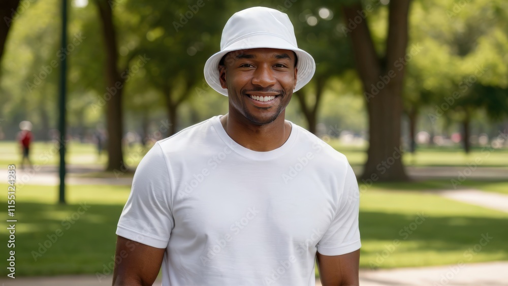 Black man wearing white t-shirt and white bucket hat standing in the park Black man wearing white t-shirt and white bucket hat standing in the park
