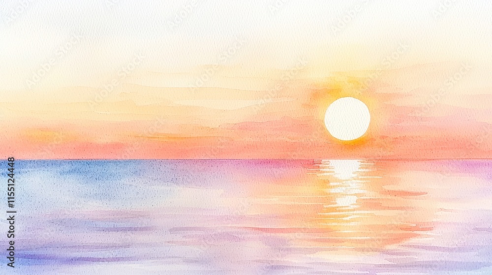 Fototapeta premium Serene Sunset Ocean Watercolor Painting Calm Sea Sky Horizon Sun