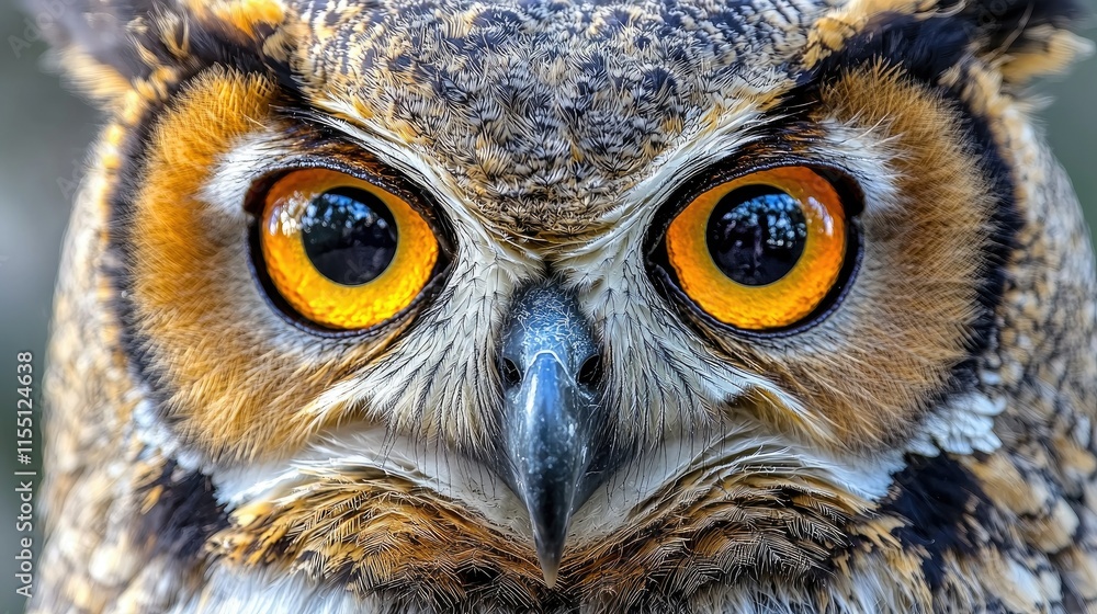 Close-up of an owl's face, highlighting its striking orange eyes and intricate feather details. Close-up of an owl's face, highlighting its striking orange eyes and intricate feather details.