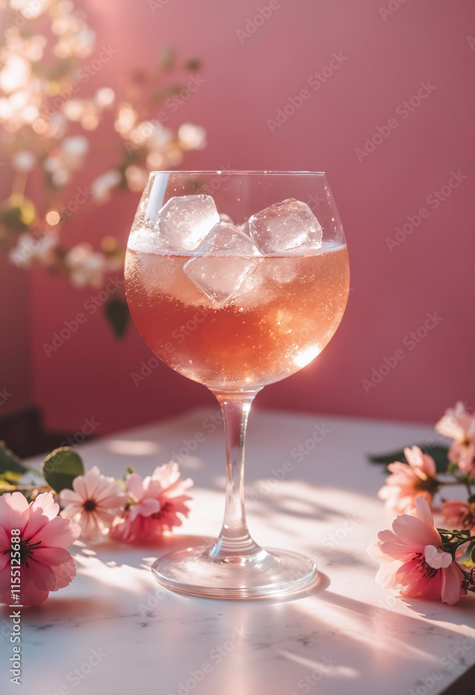 A glass of pink wine with ice cubes in it is on a table with pink flowers. Scene is romantic and elegant A glass of pink wine with ice cubes in it is on a table with pink flowers. Scene is romantic and elegant