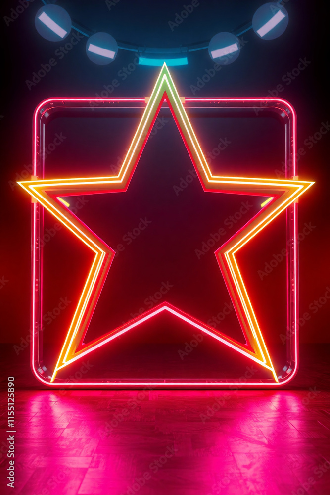 Obraz premium AI generative. Frame border light with star neon glow effect red on the dark background. 69
