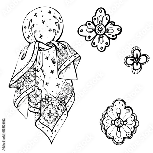 Traditional dress rebozo headscarf bandana shawl South American peasant female fashion, floral pattern embroidery. Hand drawn ink vector illustration isolated white. Design travel, vacation, brochure