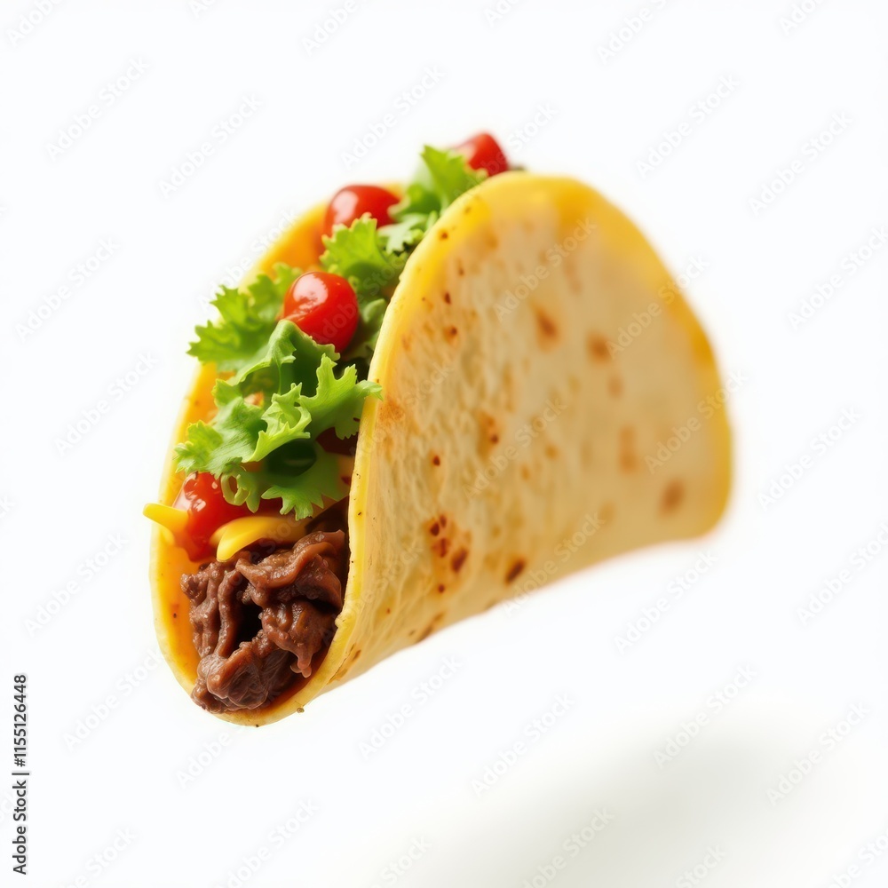A taco filled with beef, lettuce, and tomatoes, showcasing a delicious food item. A taco filled with beef, lettuce, and tomatoes, showcasing a delicious food item.