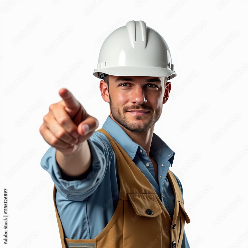 A confident construction worker in a hard hat and safety vest points forward, encouraging action. A confident construction worker in a hard hat and safety vest points forward, encouraging action.