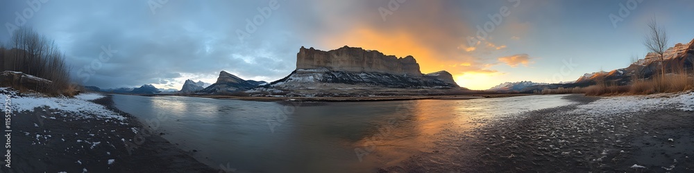 Wide-angle shot of Castle Mountain glowing under the warm hues of sunset. with the Bow River flowing peacefully below. in 4K resolution Wide-angle shot of Castle Mountain glowing under the warm hues of sunset. with the Bow River flowing peacefully below. in 4K resolution