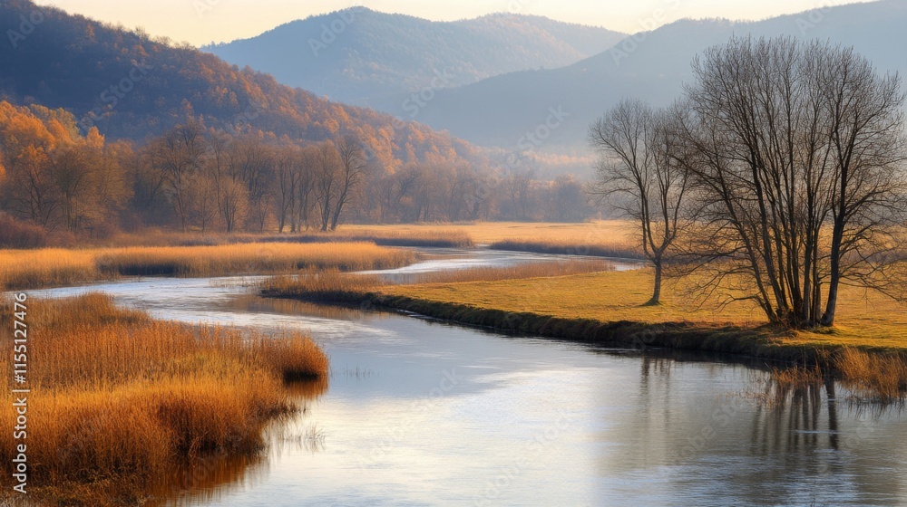Fototapeta premium Serene Landscape with Rolling Hills and Winding River