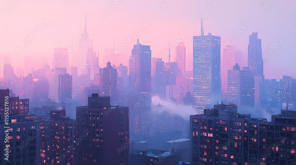 Fototapeta premium Misty city skyline at dawn showcasing tall buildings with soft pastel colors painting the early morning sky