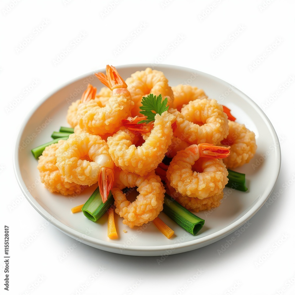 A plate of shrimp garnished with green vegetables, showcasing a delicious seafood dish. A plate of shrimp garnished with green vegetables, showcasing a delicious seafood dish.