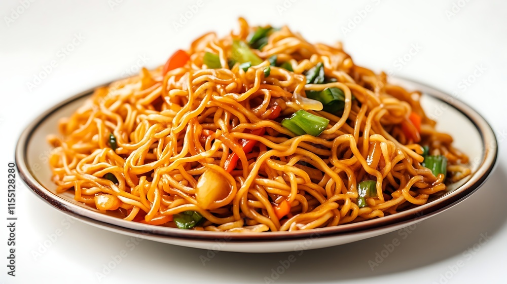 Noodles with vegetables and sesame seeds on white background Noodles with vegetables and sesame seeds on white background