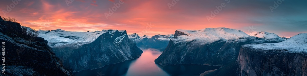 Fototapeta premium Aerial panorama of Trolltunga surrounded by layers of cliffs and snow-dusted peaks glowing under twilight hues. in 4K resolution