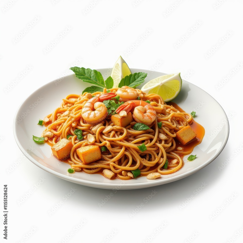A plate of shrimp noodles garnished with lime and herbs. A plate of shrimp noodles garnished with lime and herbs.