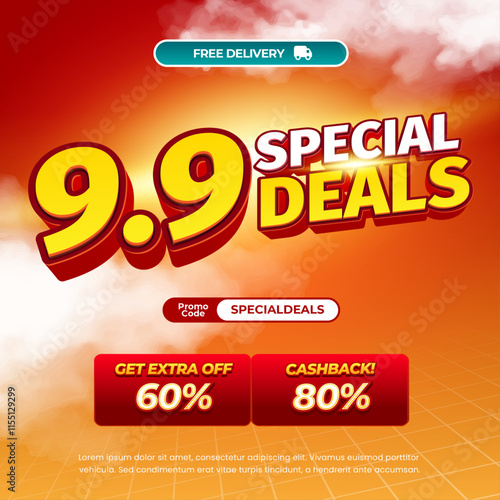 9.9 Special Sale discount deals Editable text with soft Orange gradient Simple Flash light Square banner