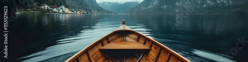 Wide shot of a wooden boat drifting on Hallstatts calm lake. with the picturesque village and dramatic mountains in the background. in 4K resolution photo