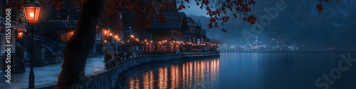 Panoramic view of Hallstatts lakeside promenade glowing under lantern light at twilight. with vibrant reflections on the water. in 4K resolution photo