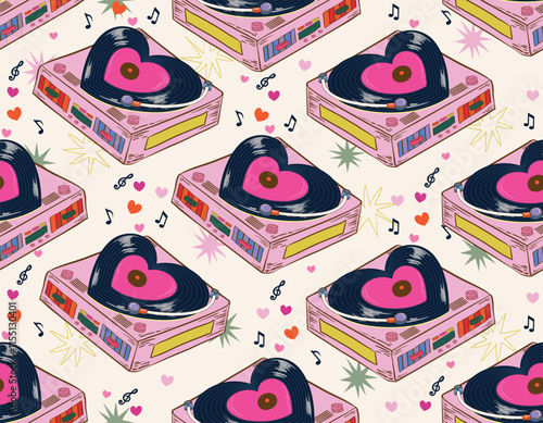 Trendy Valentine's Day Seamless pattern  , Sweet heart record players , Hand drawn Illustration Vector not Ai
