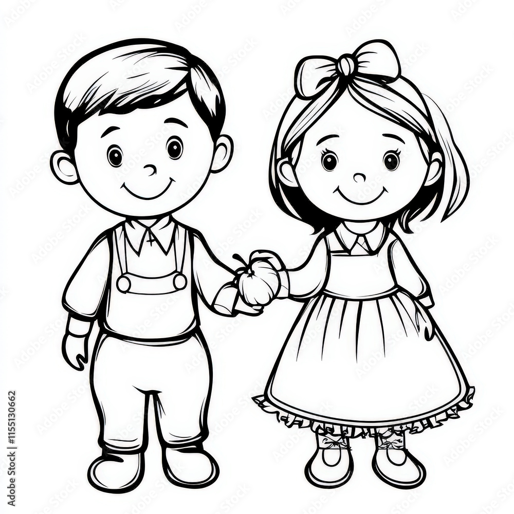 Two cheerful children holding hands, one boy in overalls and one girl in a dress, smiling against a simple white background, perfect for a playful illustration. Two cheerful children holding hands, one boy in overalls and one girl in a dress, smiling against a simple white background, perfect for a playful illustration.