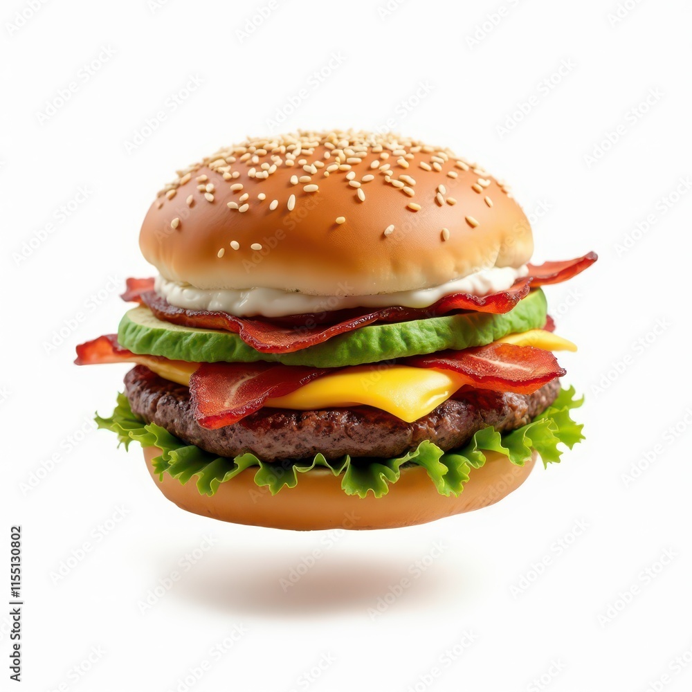 A delicious burger with layers of meat, cheese, lettuce, and bacon on a sesame seed bun. A delicious burger with layers of meat, cheese, lettuce, and bacon on a sesame seed bun.