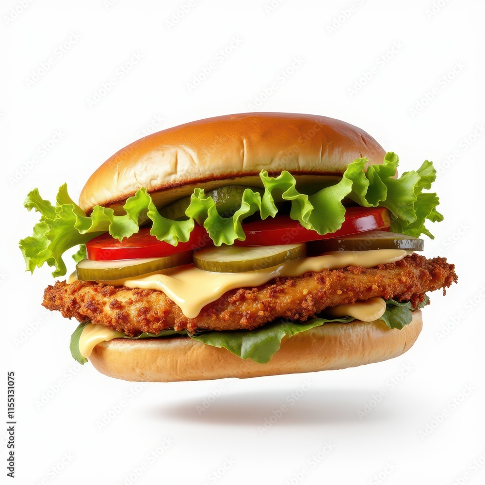A delicious-looking chicken sandwich with lettuce, tomato, pickles, and cheese on a bun. A delicious-looking chicken sandwich with lettuce, tomato, pickles, and cheese on a bun.
