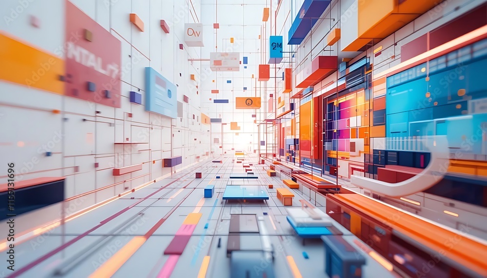 A dynamic and vibrant digital corridor, filled with colorful geometric shapes and glowing lines. A dynamic and vibrant digital corridor, filled with colorful geometric shapes and glowing lines.