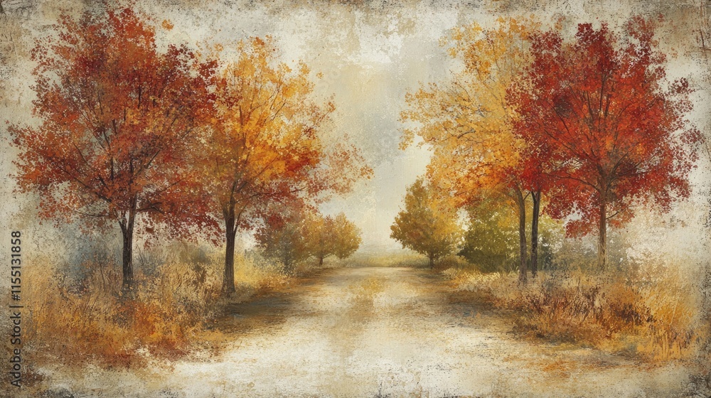 Fototapeta premium Autumnal Road Through Colorful Trees Landscape