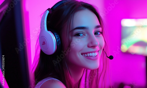 Smiling Female Gamer in a Gaming Setup photo