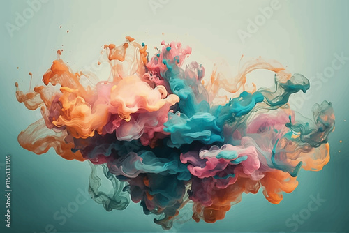 Blue and pink color fluid splash vapor cloud dispersing on a glitter dust texture, each particle reflecting light and enhancing the luminosity of the colors, creating a dreamy and ethereal atmosphere,