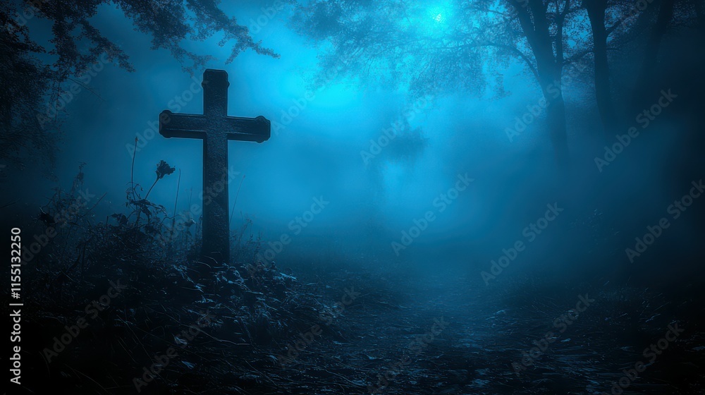 Cross in a Foggy Forest at Night Cross in a Foggy Forest at Night