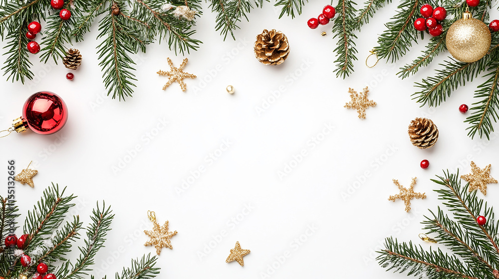 Beautiful arrangement of Christmas decorations featuring pine branches, ornaments, and golden Beautiful arrangement of Christmas decorations featuring pine branches, ornaments, and golden