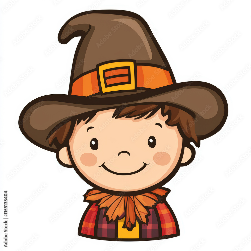 Cheerful cartoon scarecrow boy wearing a brown hat and plaid shirt, designed for fall harvest themes and children’s seasonal decorations and activities. Cheerful cartoon scarecrow boy wearing a brown hat and plaid shirt, designed for fall harvest themes and children’s seasonal decorations and activities.
