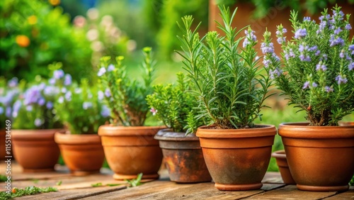 Wallpaper Mural Fragrant rosemary blooms in a lush herb garden amidst green foliage and terracotta pots , earthy , rustic,  earthy , rustic Torontodigital.ca