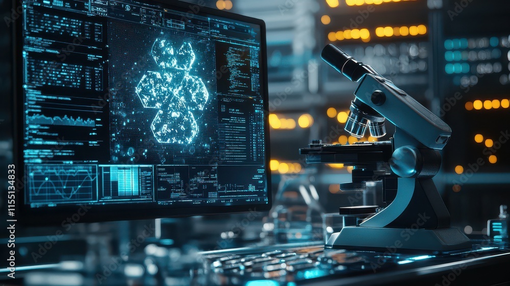 Futuristic Laboratory Microscope and Data Analysis on Computer Screen. Futuristic Laboratory Microscope and Data Analysis on Computer Screen.