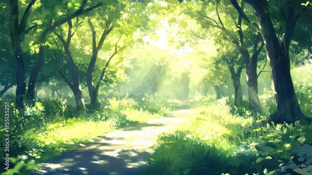 Obraz premium Sunlit Path Through Lush Green Forest Canopy