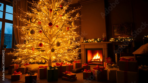 Ambient fireplace and candles in living room with Christmas tree, Generative AI
