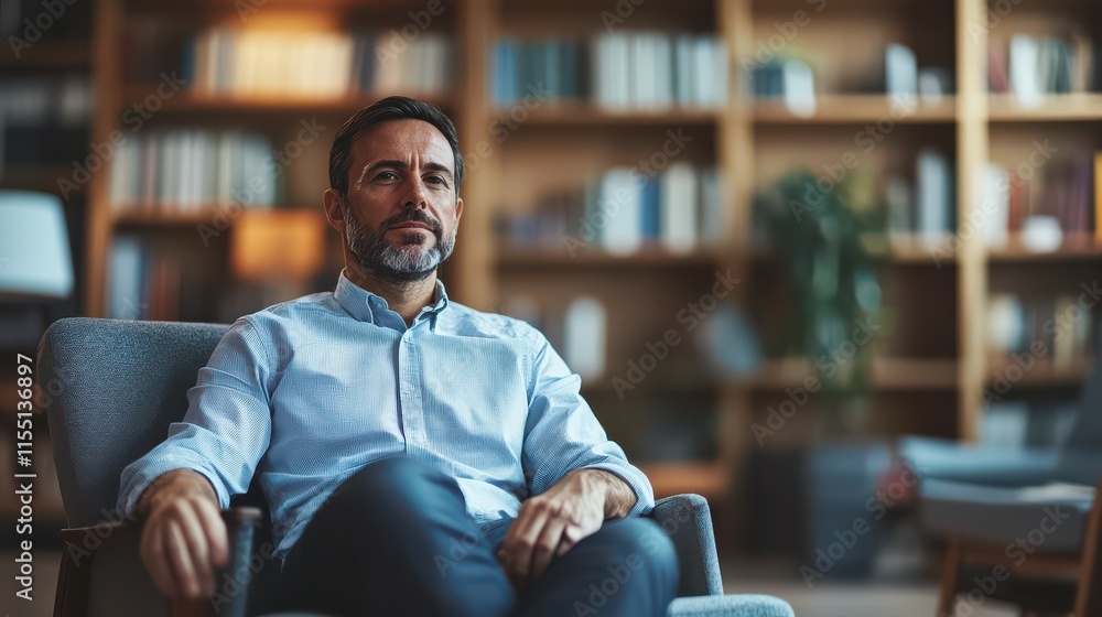 Confident Middle-Aged Man Sitting in Armchair in Library Confident Middle-Aged Man Sitting in Armchair in Library