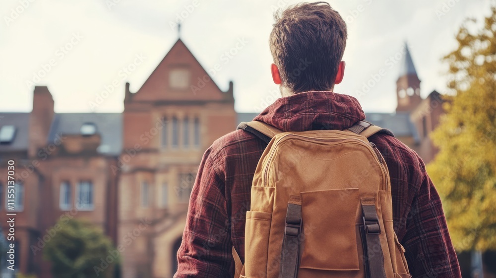 Fototapeta premium Student Walking Towards University Campus in Natural Light