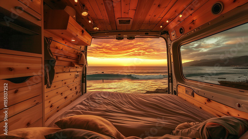 the interior of a cozy, well-designed camper van with a view out of the back doors to a beach.