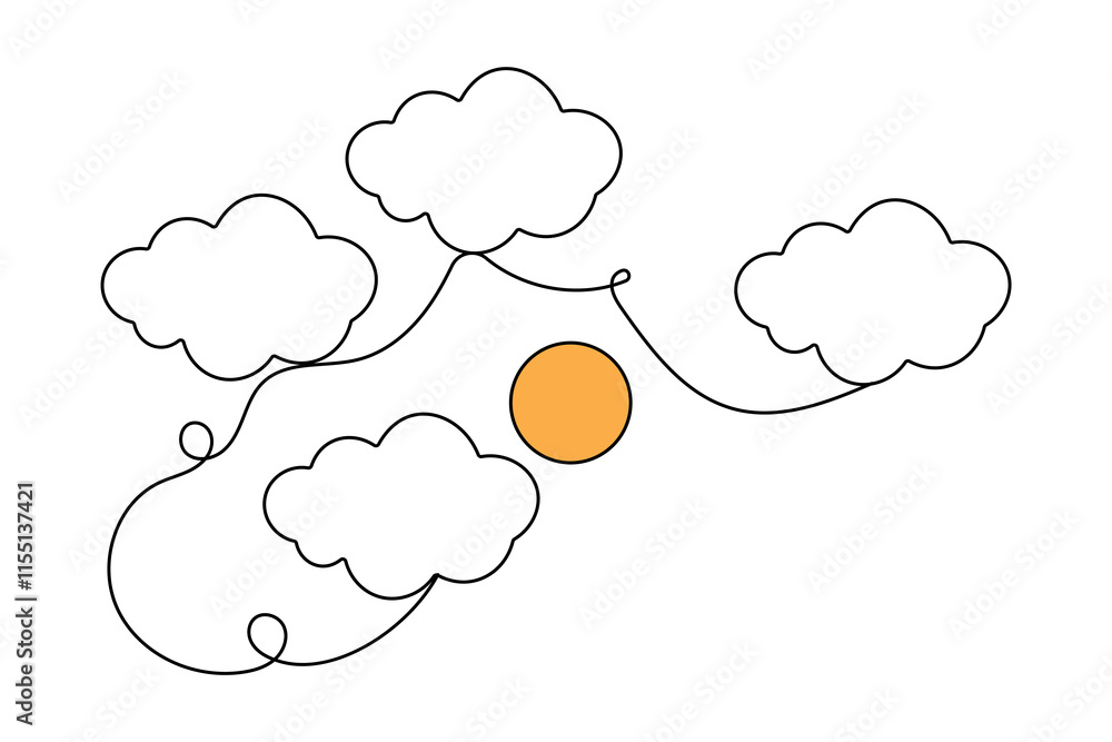 Obraz premium Continuous one line sun cloud drawing of outline vector icon 