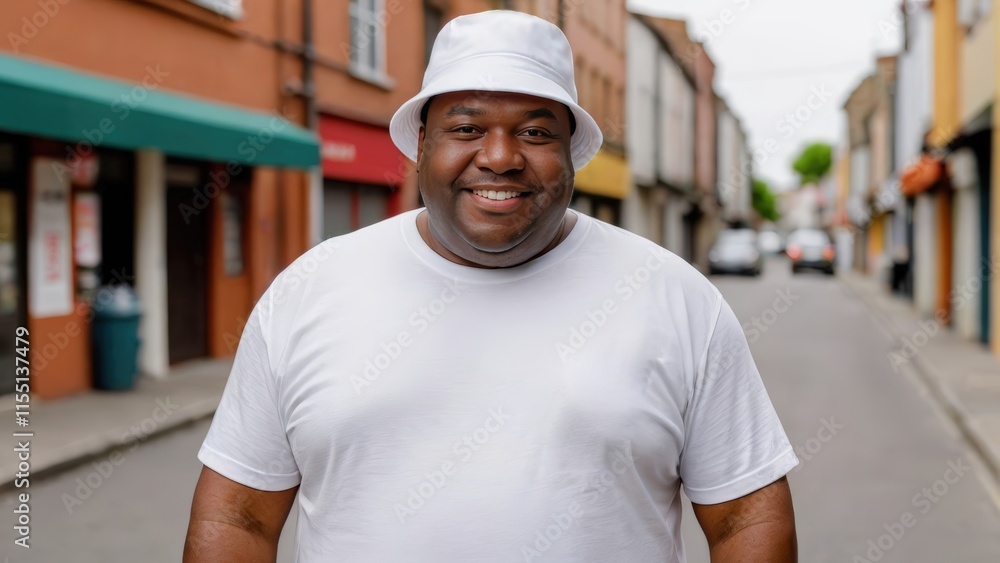 Plus size black man wearing white t-shirt and white bucket hat standing in a city alley Plus size black man wearing white t-shirt and white bucket hat standing in a city alley