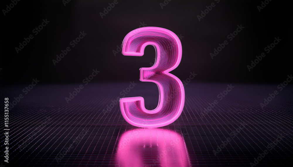 Neon number 3 three. 3D rendering. Dark backdrop. Neon number 3 three. 3D rendering. Dark backdrop.
