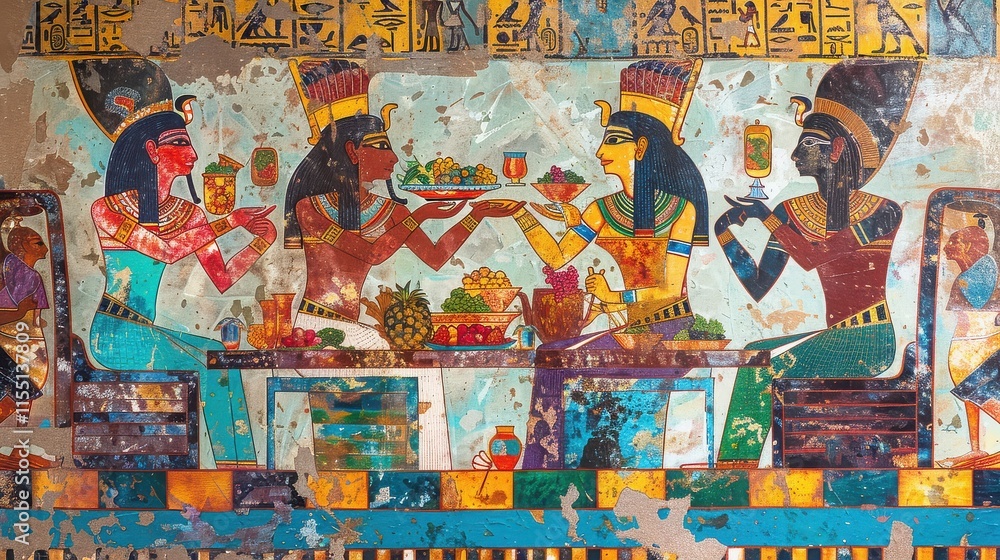 A colorful painting of ancient Egyptian nobles enjoying a feast, surrounded by food and beverages, with servants in the background. A colorful painting of ancient Egyptian nobles enjoying a feast, surrounded by food and beverages, with servants in the background.