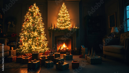 Ambient fireplace and candles in living room with Christmas tree, Generative AI

