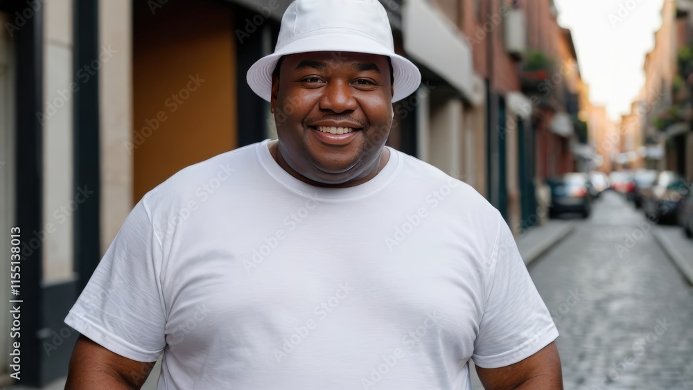 Plus size black man wearing white t-shirt and white bucket hat standing in a city alley Plus size black man wearing white t-shirt and white bucket hat standing in a city alley